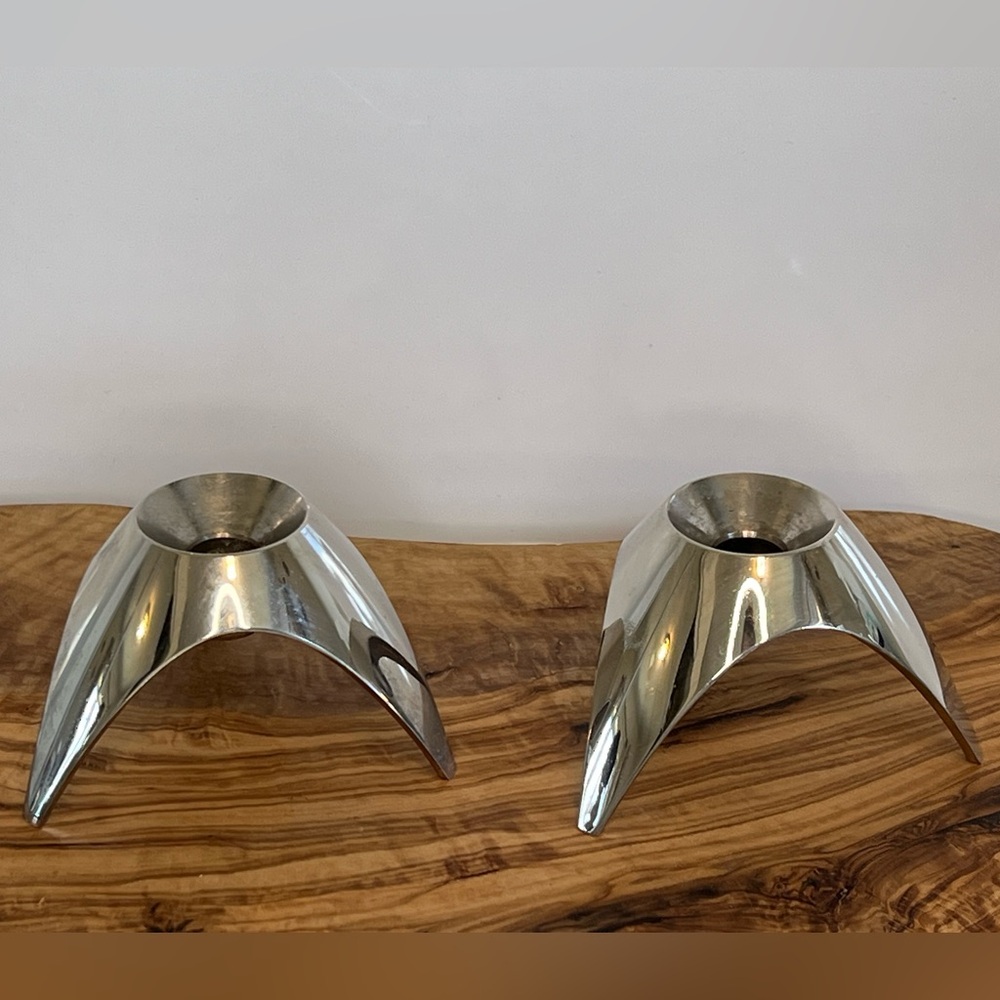 MCM AS Solingen Germany Candle Holders Brushed Steel Tripod Atomic 2 Set EUC - Picture 4 of 15